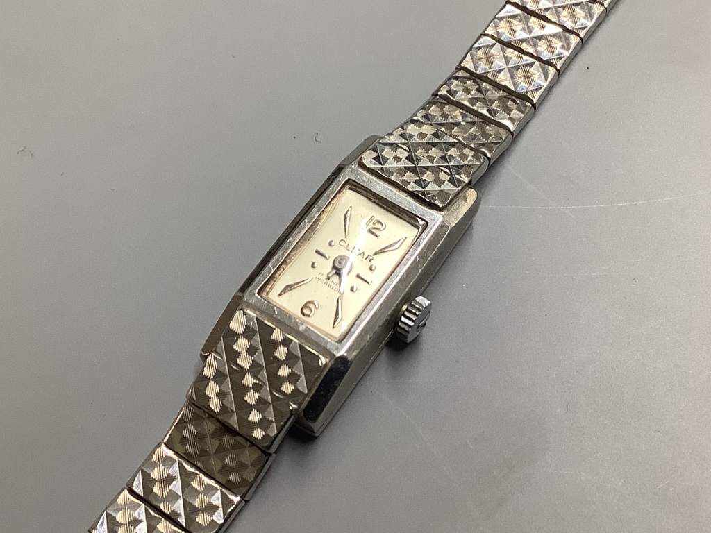 A lady's 1960's 9ct white gold Clear manual wind cocktail wrist watch, on a 9ct white gold bracelet, overall 17cm